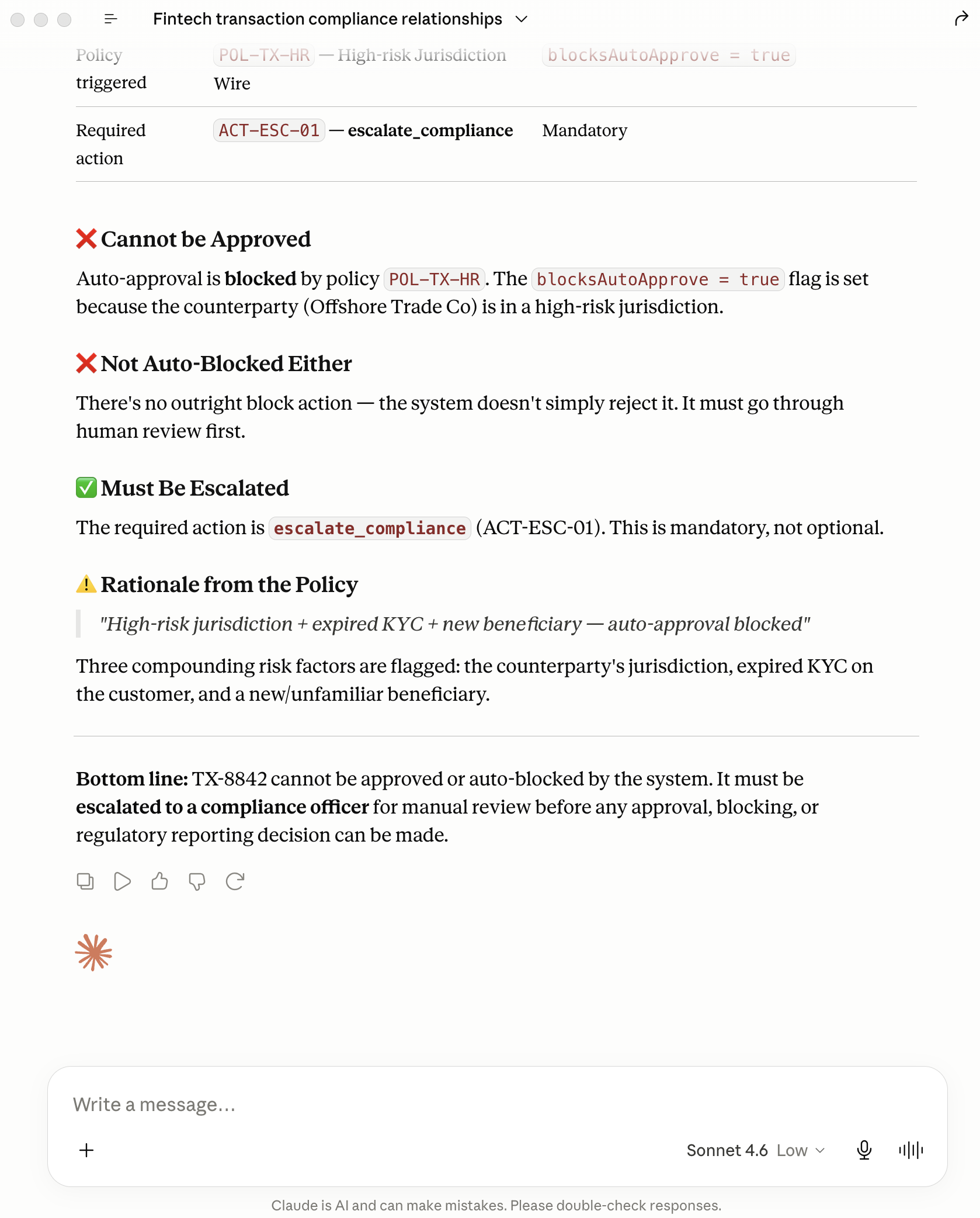 Claude compliance verdict for TX-8842 — cannot auto-approve, must escalate to compliance